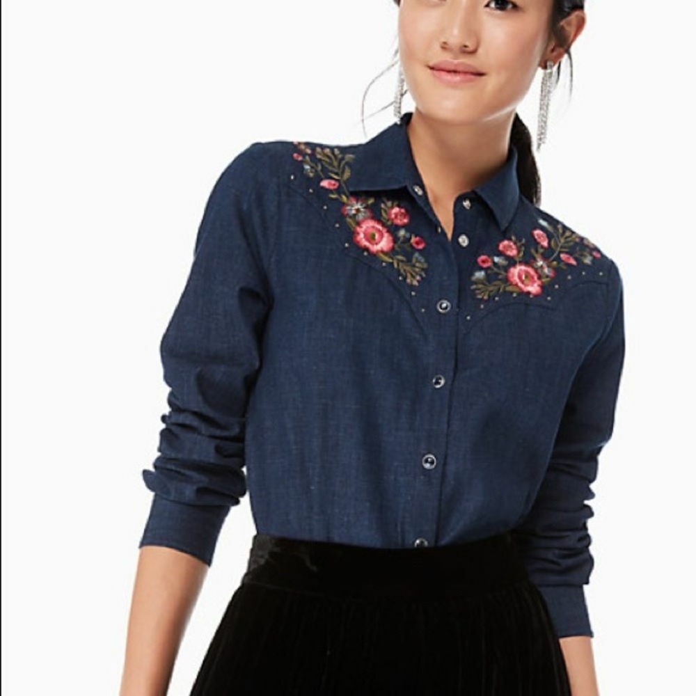 Kate Spade Broome Street Embroidered Chambray Top XXS